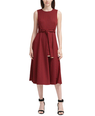 Calvin Klein Women's Belted Houndstooth a Line Dress Red Size 12