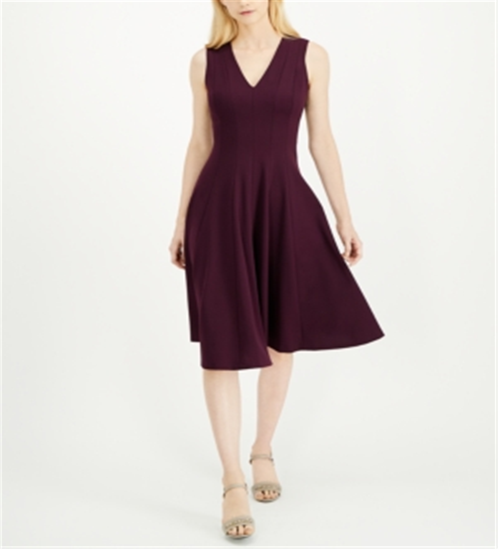 Calvin Klein Women's SeaV Neck Fit & Flare Dress Purple Size 12