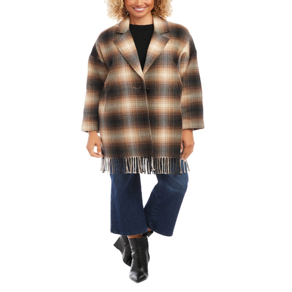 Karen Kane Plaid Fringe Trim Jacket Brown