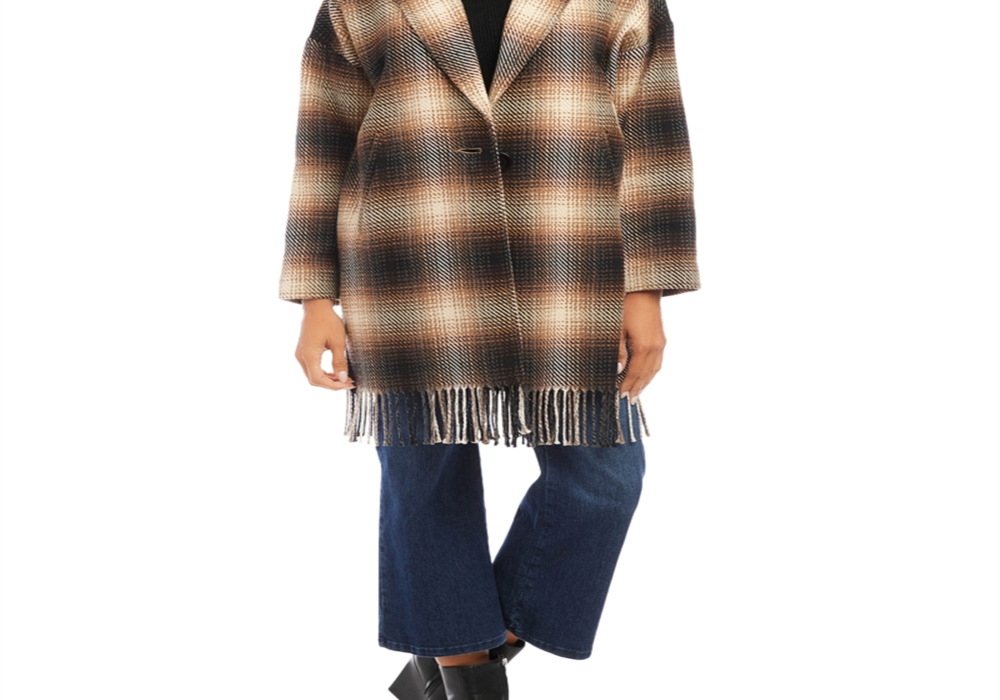 Karen Kane Plaid Fringe Trim Jacket Brown