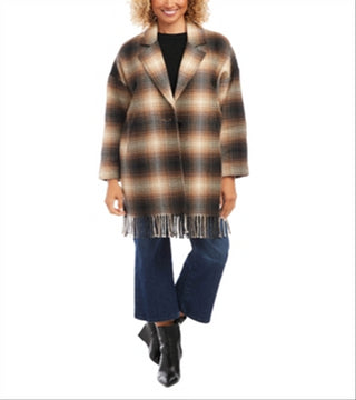 Karen Kane Plaid Fringe Trim Jacket Brown