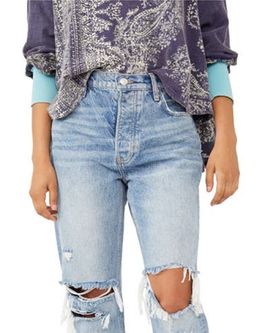 Free People Women's Distressed Tapered Baggy Boyfriend Jeans Blue Size 30