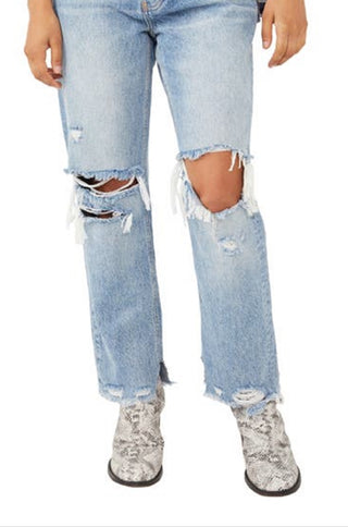 Free People Women's Distressed Tapered Baggy Boyfriend Jeans Blue Size 30