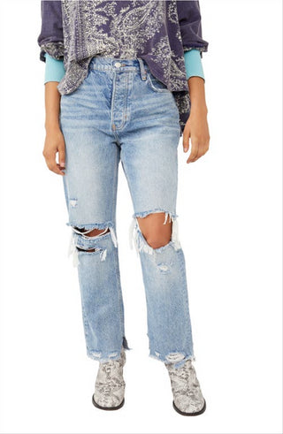 Free People Women's Distressed Tapered Baggy Boyfriend Jeans Blue Size 30