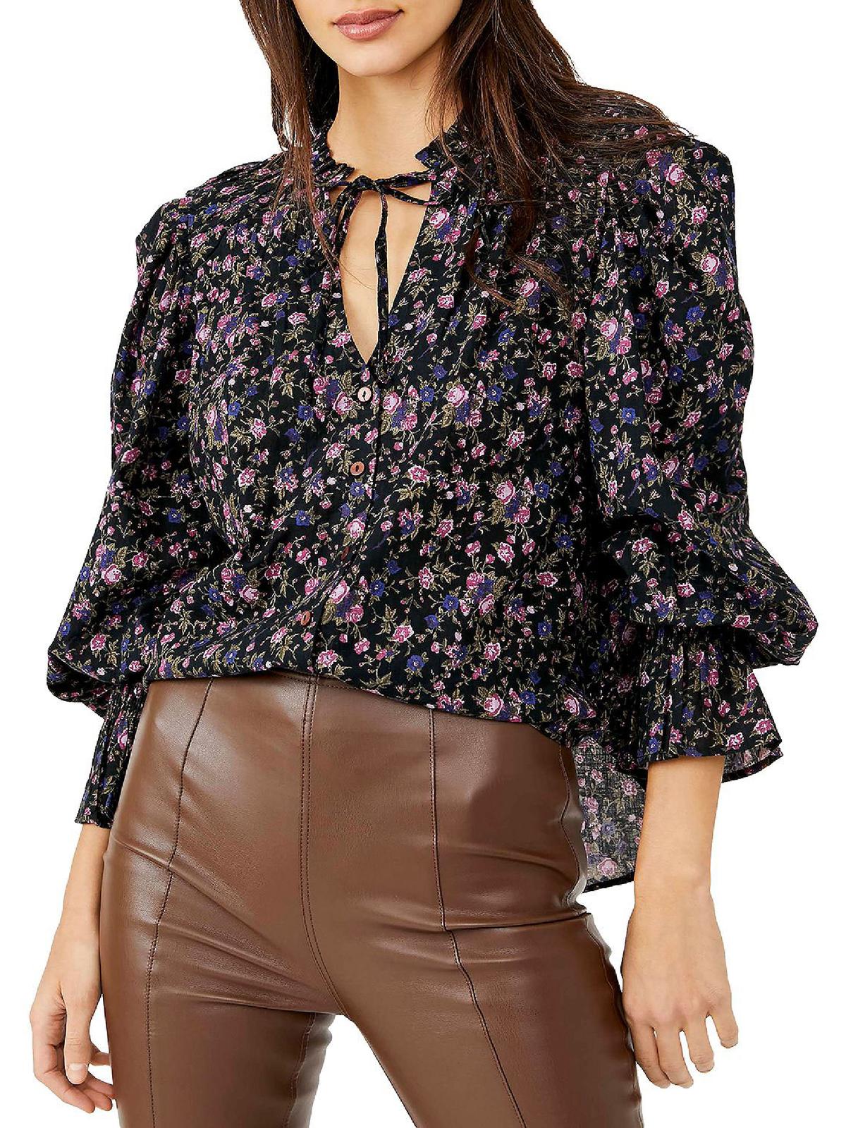 Free People Women's Meant to Be Floral Cotton Blouse Black Size Small