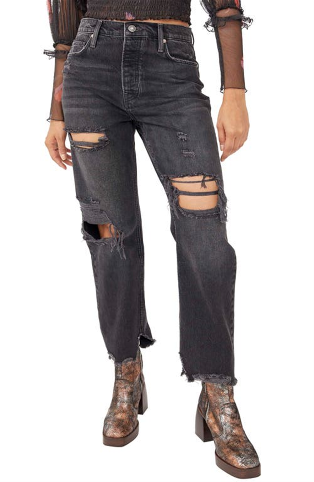 Free People Women's Distressed Tapered Baggy Boyfriend Jeans Black Size 27