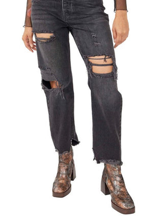 Free People Women's Distressed Tapered Baggy Boyfriend Jeans Black Size 27