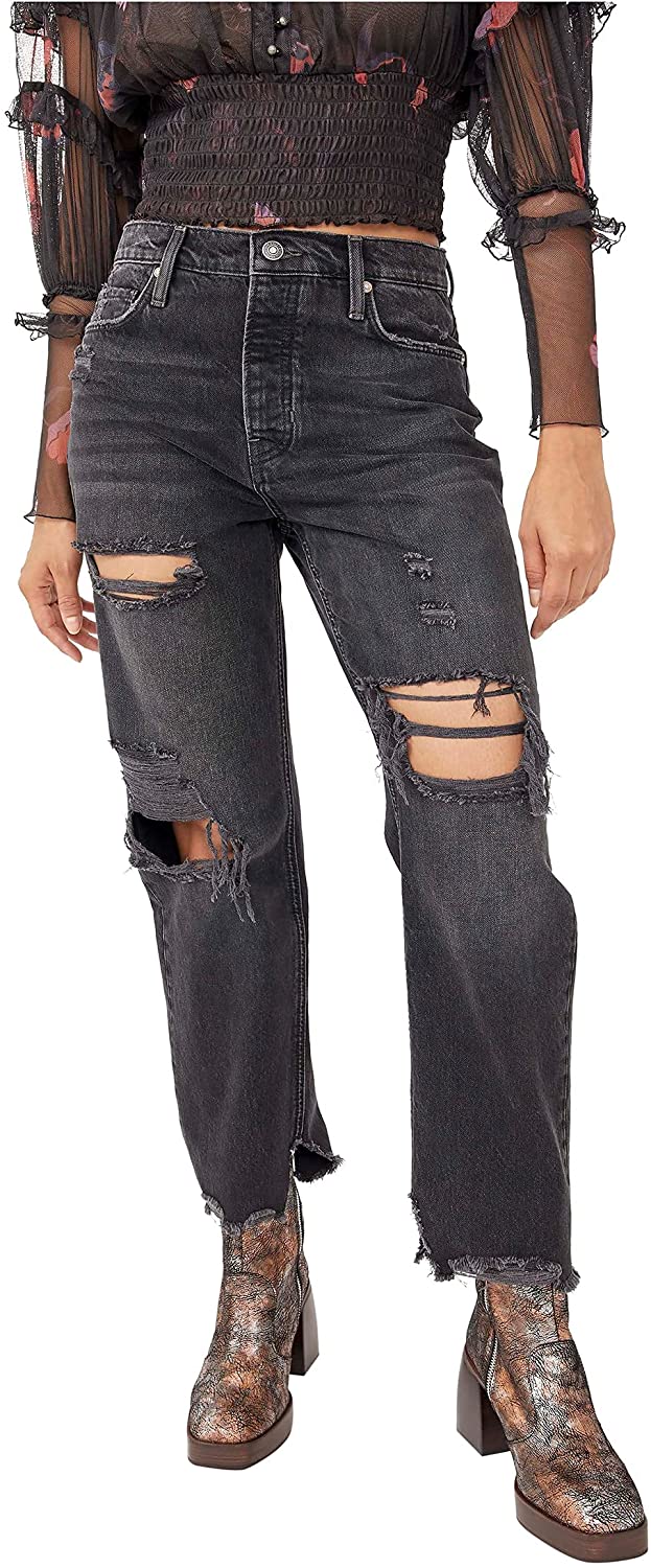 Free People Women's Distressed Tapered Baggy Boyfriend Jeans Black Size 28