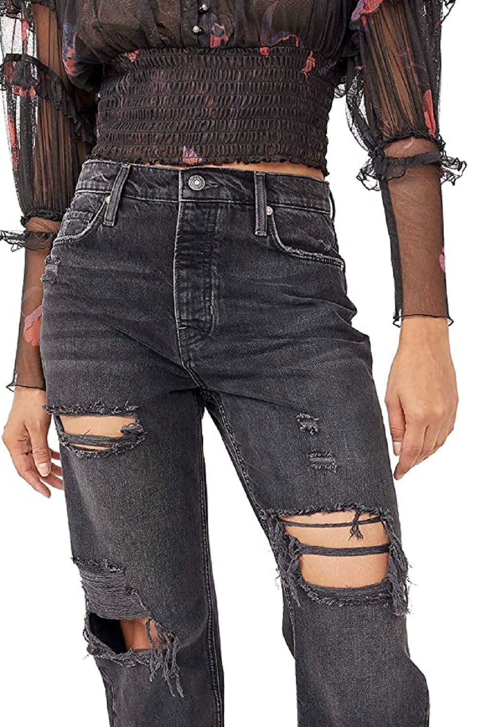 Free People Women's Distressed Tapered Baggy Boyfriend Jeans Black Size 28