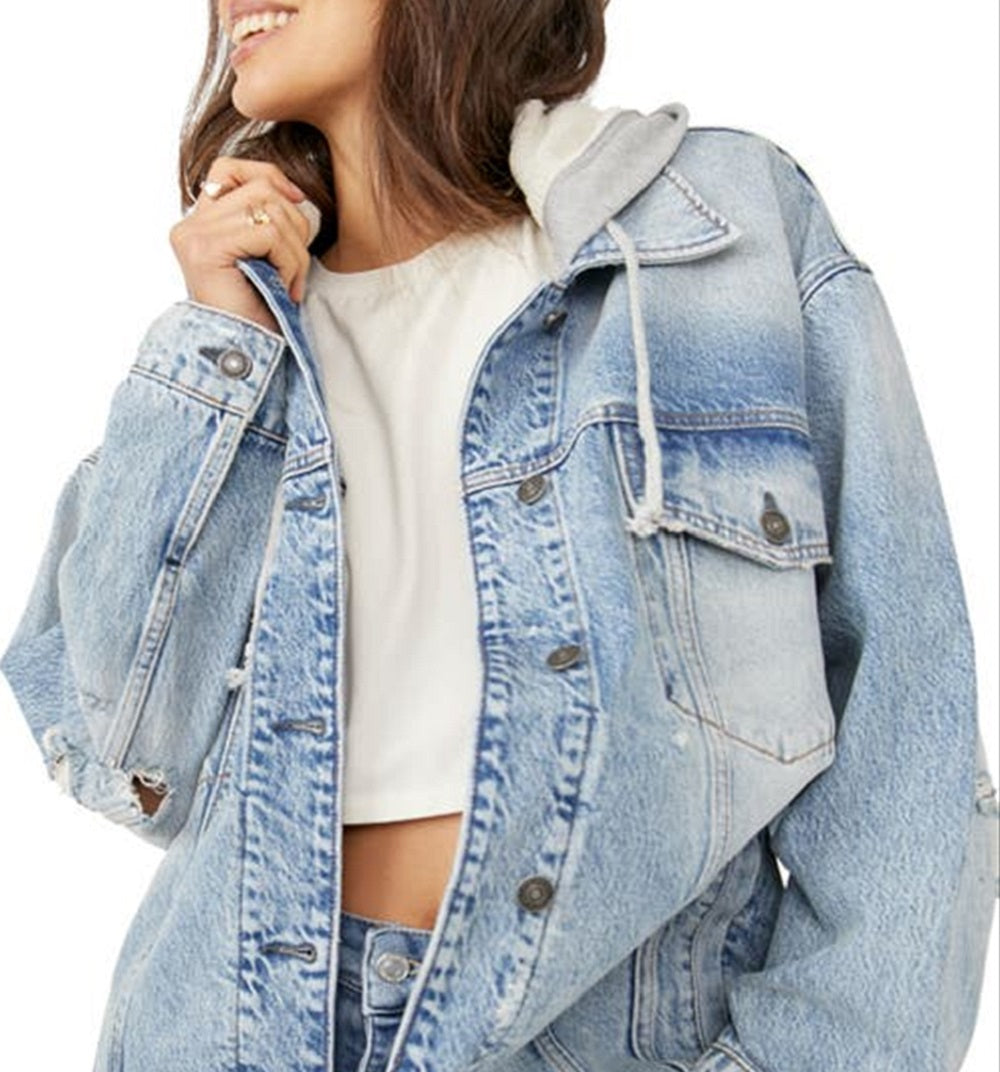 Free People Women's Flawless Hooded Denim Jacket Blue Size X-Small