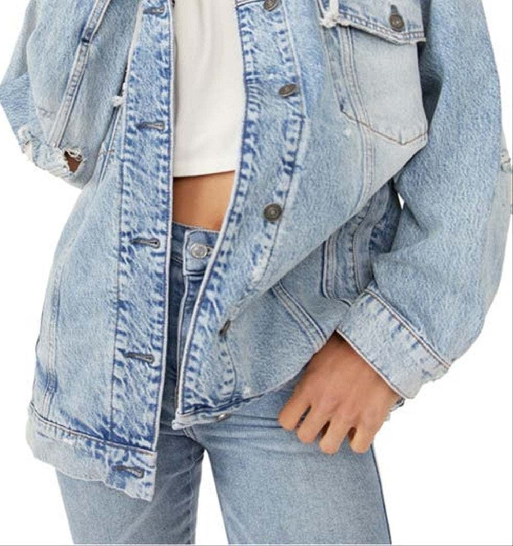 Free People Women's Flawless Hooded Denim Jacket Blue Size X-Small
