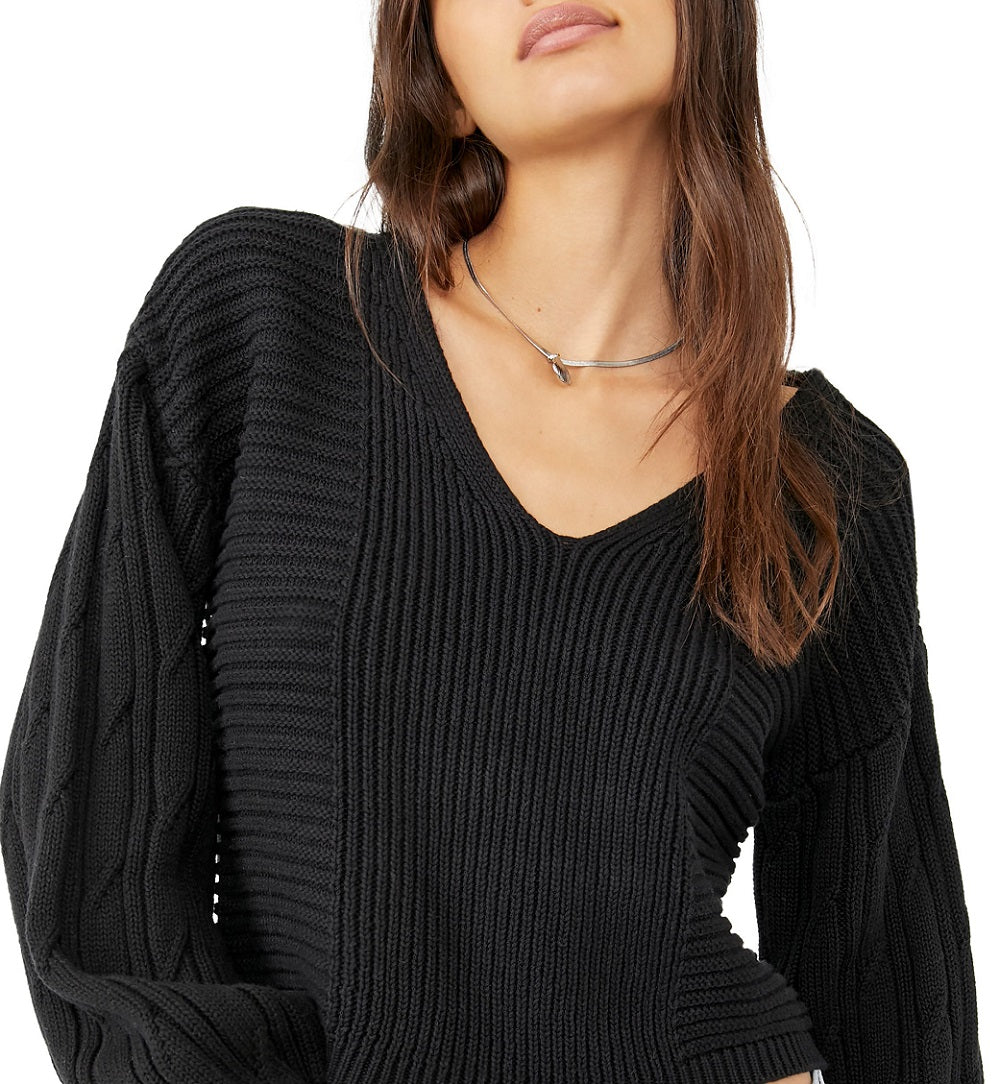 Free People Women's When It Rains Cotton V Neck Sweater Black Size X-Small