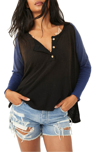 Free People Women's Grand Slam Linen Blend Three Quarter Sleeve Top Black Size Medium