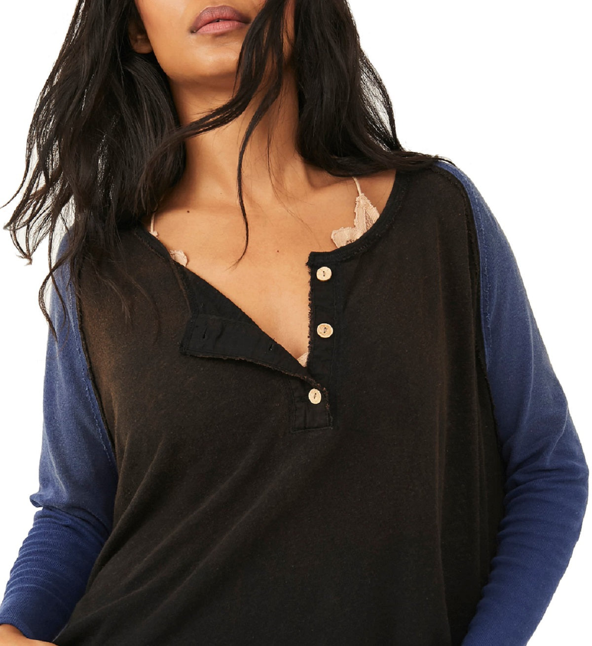 Free People Women's Grand Slam Linen Blend Three Quarter Sleeve Top Black Size Medium