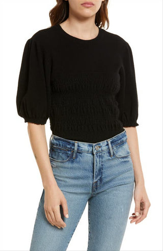 FRAME Smocked Puff Sleeve Recycled Cashmere & Wool Sweater in Noir , Size Medium