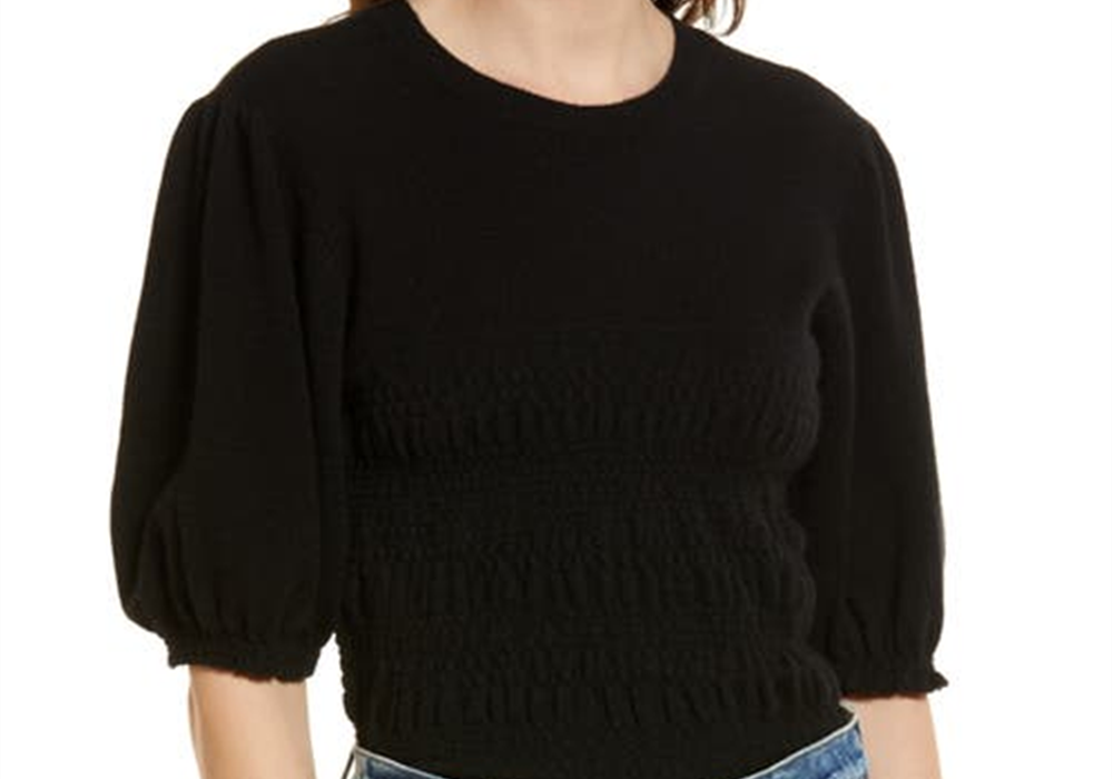 FRAME Smocked Puff Sleeve Recycled Cashmere & Wool Sweater in Noir , Size Medium