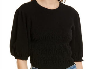 FRAME Smocked Puff Sleeve Recycled Cashmere & Wool Sweater in Noir , Size Medium