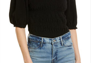 FRAME Smocked Puff Sleeve Recycled Cashmere & Wool Sweater in Noir , Size Medium