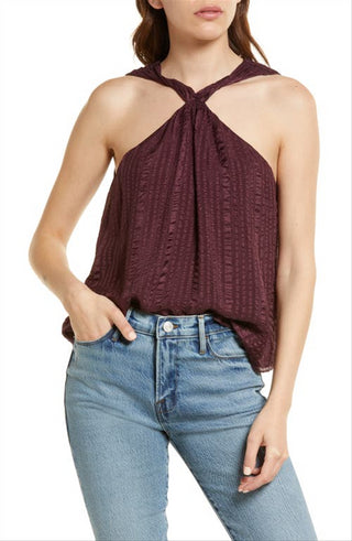 FRAME Draped Textured Silk Halter Top in Cabernet , Size X-Small