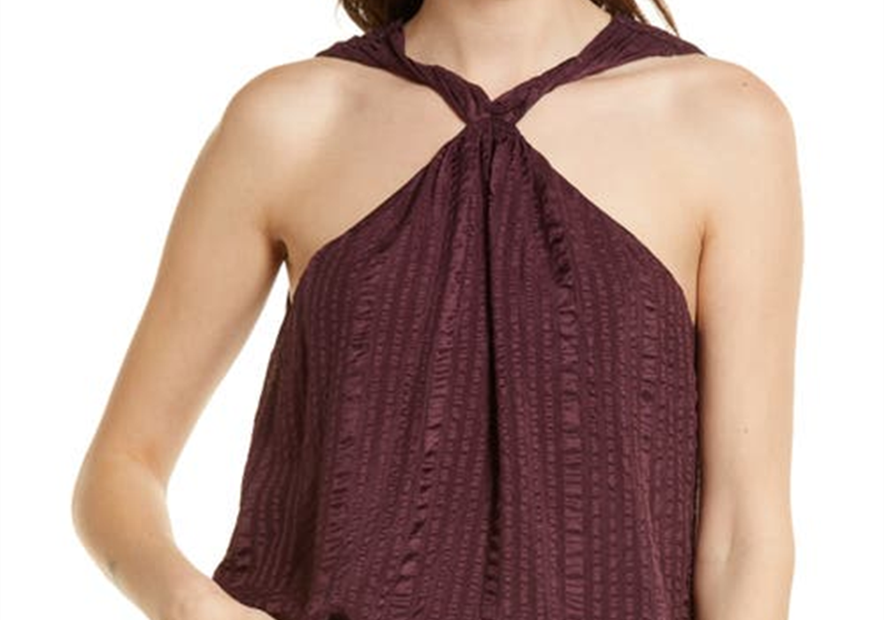FRAME Draped Textured Silk Halter Top in Cabernet , Size X-Small
