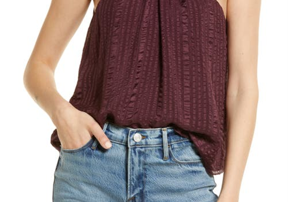FRAME Draped Textured Silk Halter Top in Cabernet , Size X-Small