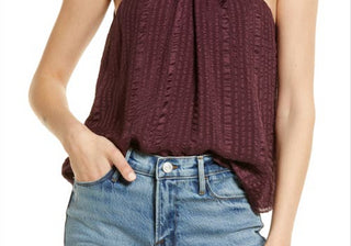 FRAME Draped Textured Silk Halter Top in Cabernet , Size X-Small