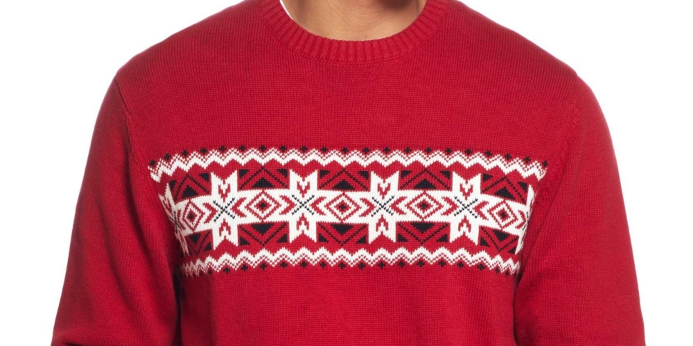 Weatherproof Vintage Men's Chest Stripe Snowflake Crew Sweater Red Size 2XL