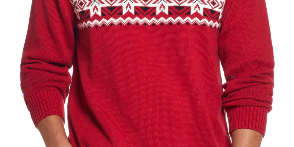 Weatherproof Vintage Men's Chest Stripe Snowflake Crew Sweater Red Size 2XL