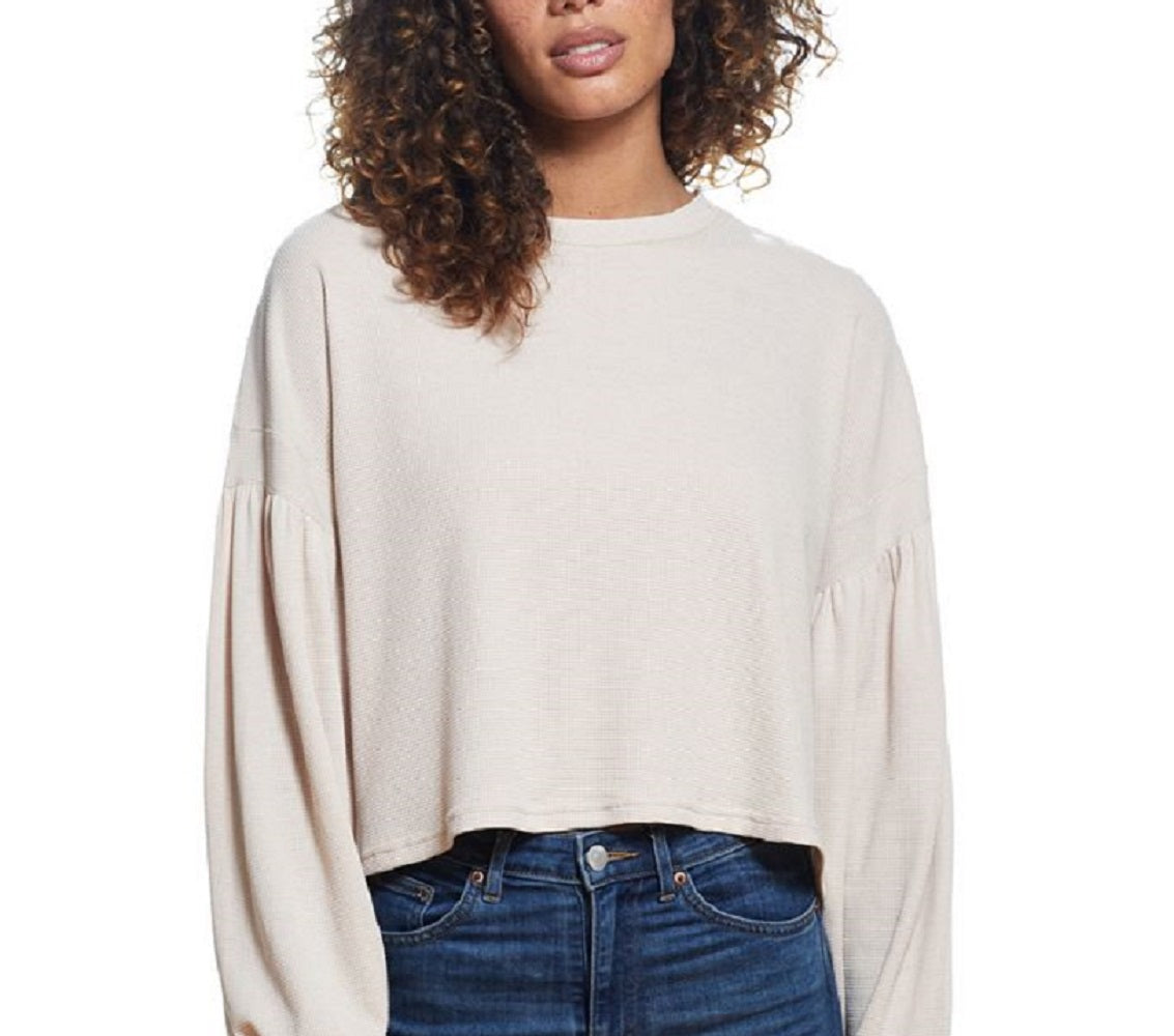 Weatherproof Vintage Women's Drop Shoulder Balloon Sleeve Waffle Crew Neck Top Beige Size Medium