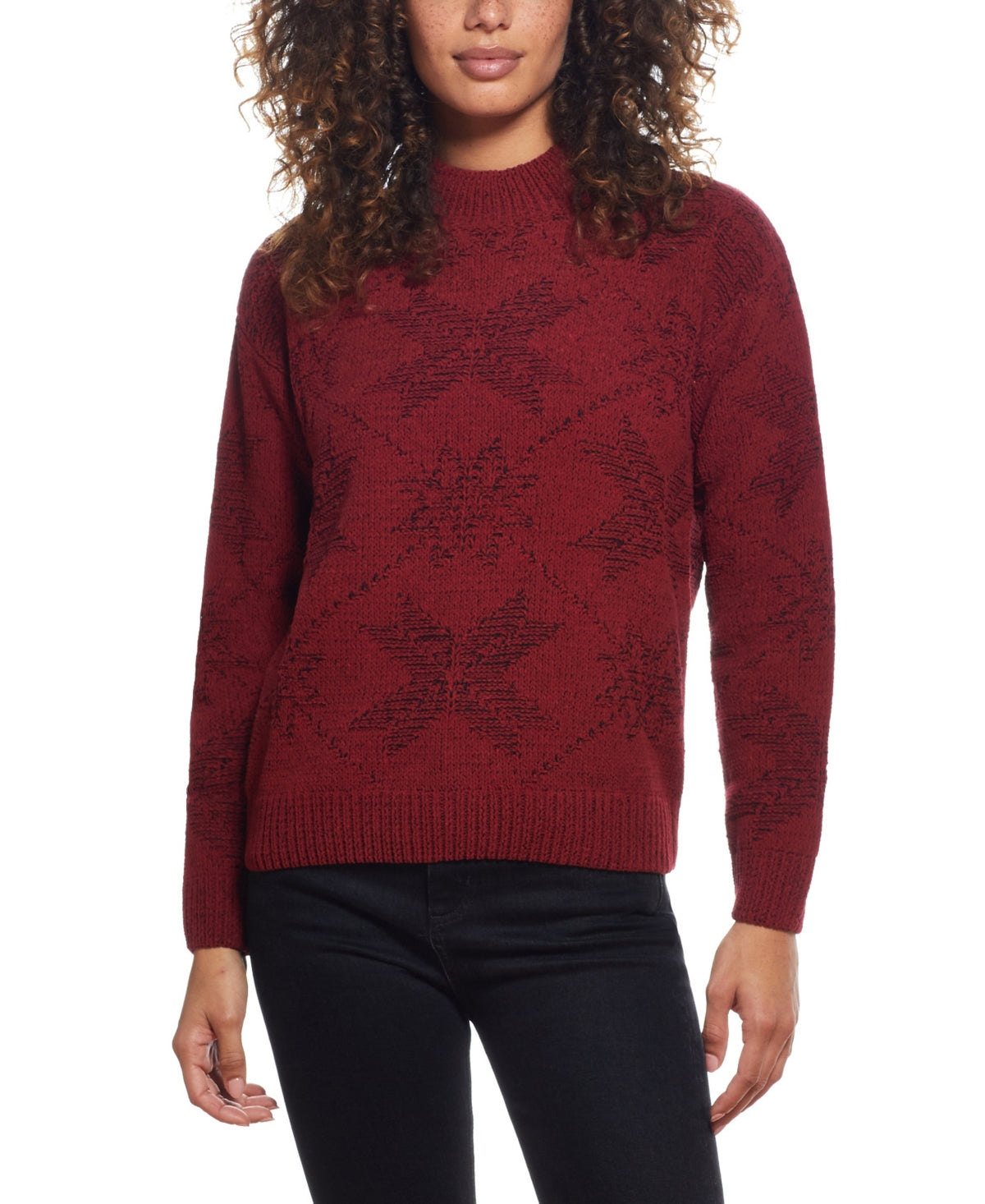 Women's Women's Plaited Chenille Snowflake Mock Neck Sweater Red Size Small