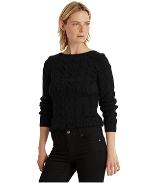 Ralph Lauren Women's Cable Knit Boat Neck Cotton Sweater Black Size Large