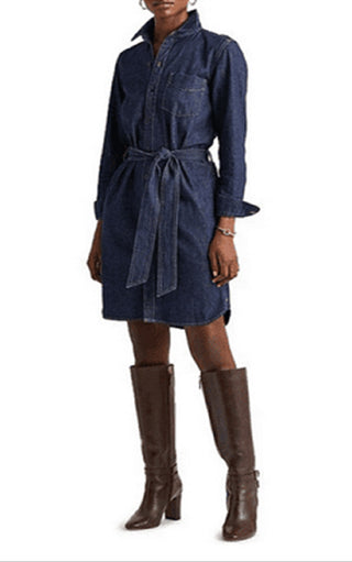 Ralph Lauren Women's Jameika Denim Long Sleeve Button Down Collar Dress Blue Size Small