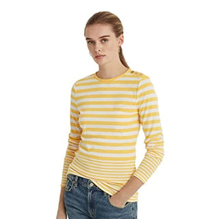 Lauren Ralph Lauren Women's Striped Snap-Trim Long-Sleeve Top Yellow Size XS