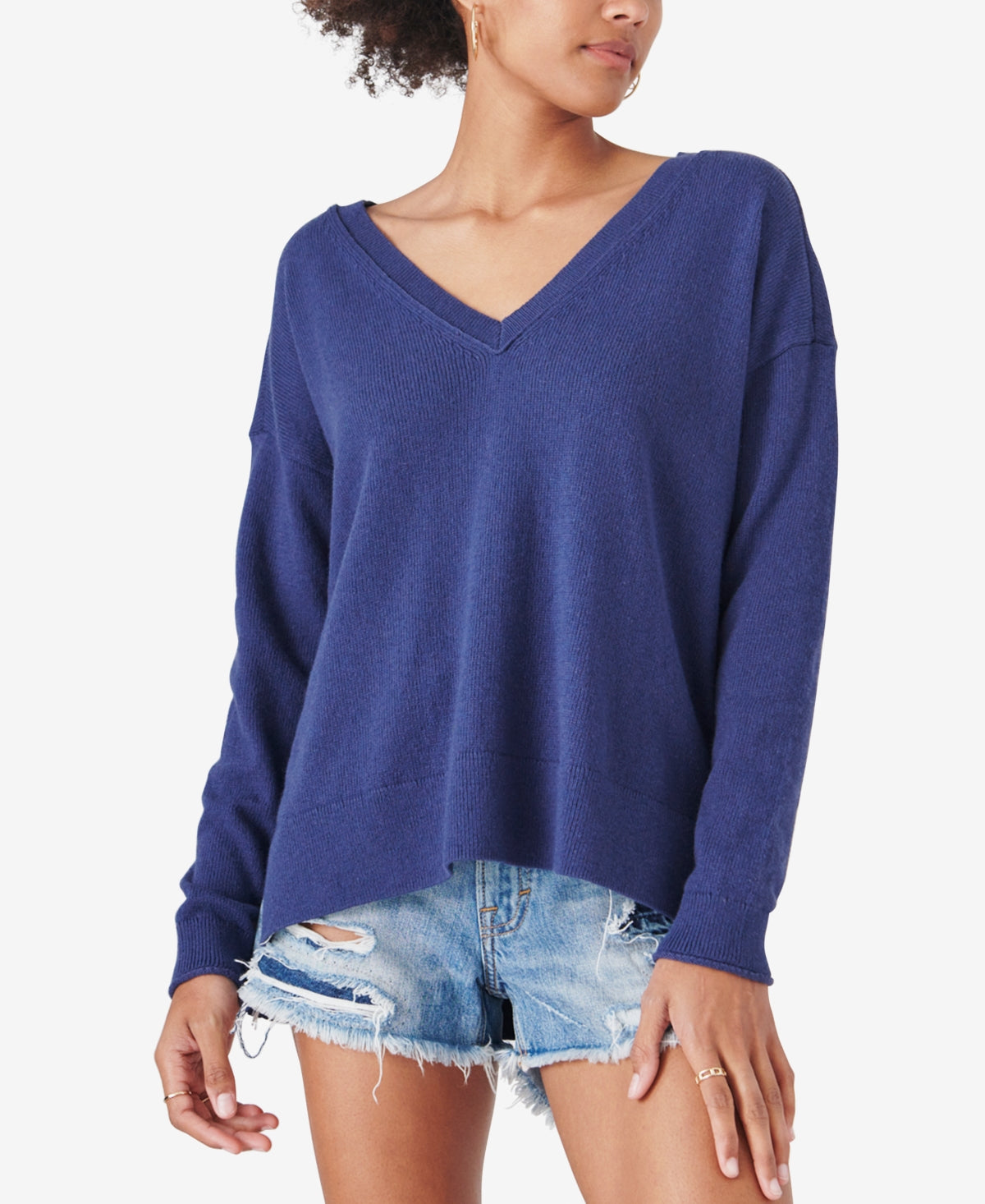 Lucky Brand Women's V Neck Cotton Blend Sweater Blue Size Medium