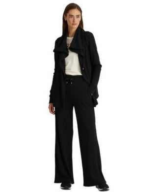 Ralph Lauren Women's Stretch Pocketed Waffle Knit Long Sleeve Open Front Jacket Black Size Medium