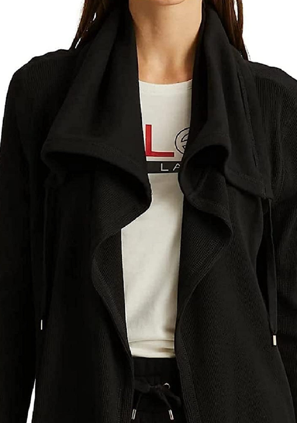 Ralph Lauren Women's Stretch Pocketed Waffle Knit Long Sleeve Open Front Jacket Black Size X-Large