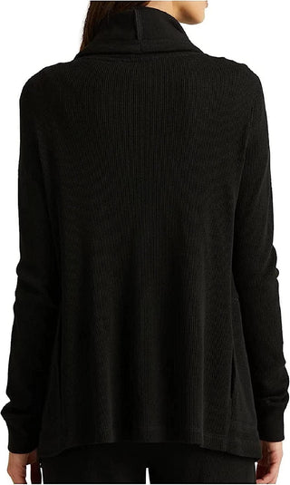 Ralph Lauren Women's Stretch Pocketed Waffle Knit Long Sleeve Open Front Jacket Black Size X-Large
