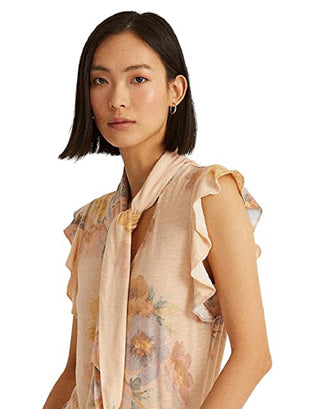 Ralph Lauren Women's Floral Tie Neck Top Brown Size Large