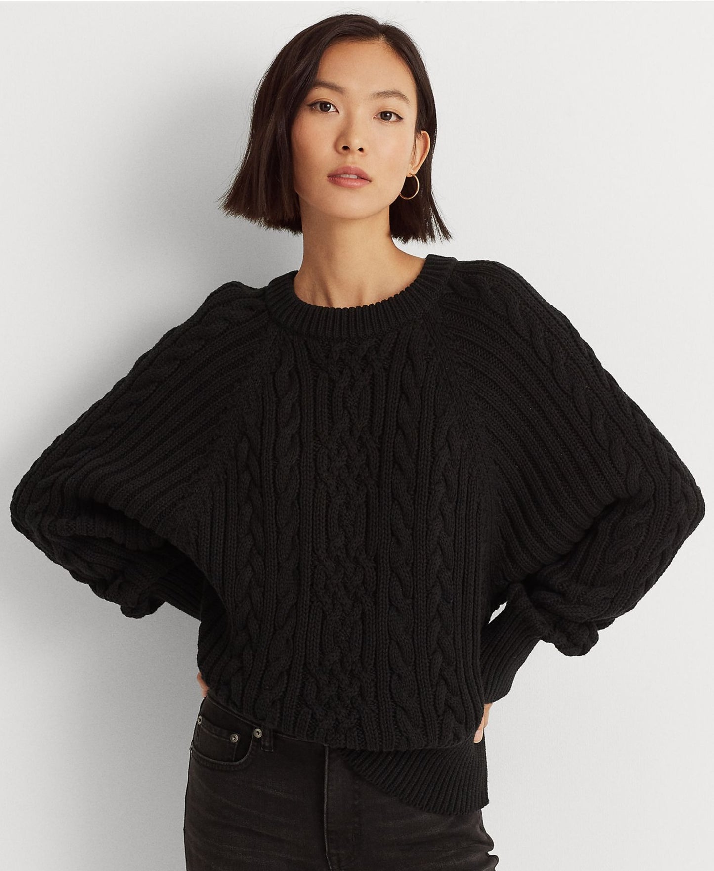 Ralph Lauren Women's Ribbed Cable Knit Dolman Sleeve Crew Neck Sweater Black Size Medium
