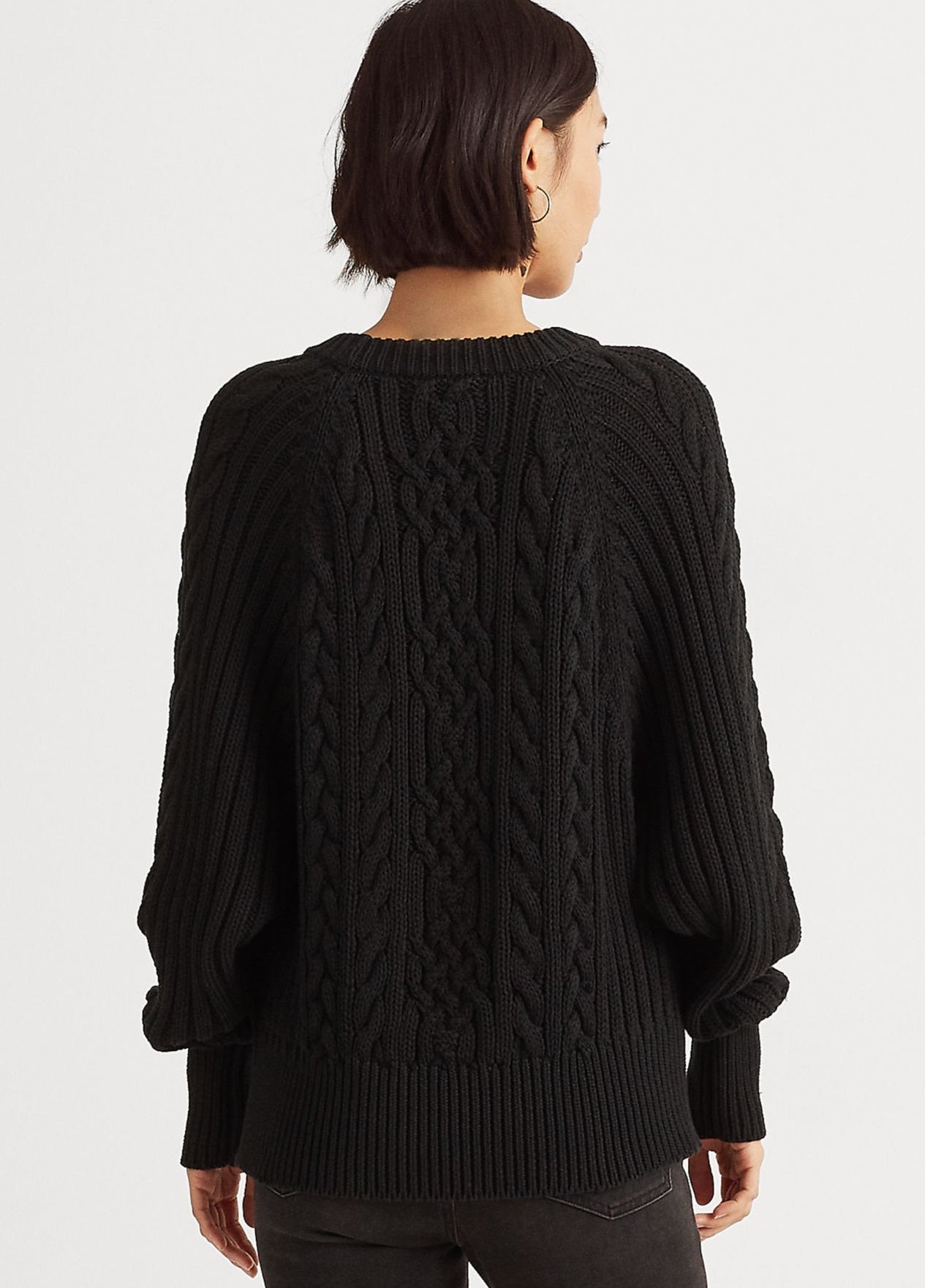 Ralph Lauren Women's Ribbed Cable Knit Dolman Sleeve Crew Neck Sweater Black Size Medium