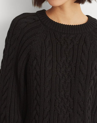 Ralph Lauren Women's Ribbed Cable Knit Dolman Sleeve Crew Neck Sweater Black Size Medium
