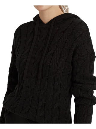 Ralph Lauren Women's Ribbed Drawstring Long Sleeve Hoodie Sweater Black Size Large