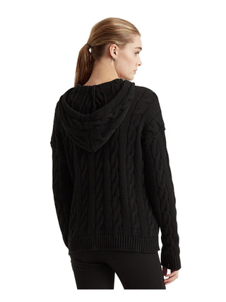 Ralph Lauren Women's Ribbed Drawstring Long Sleeve Hoodie Sweater Black Size Large