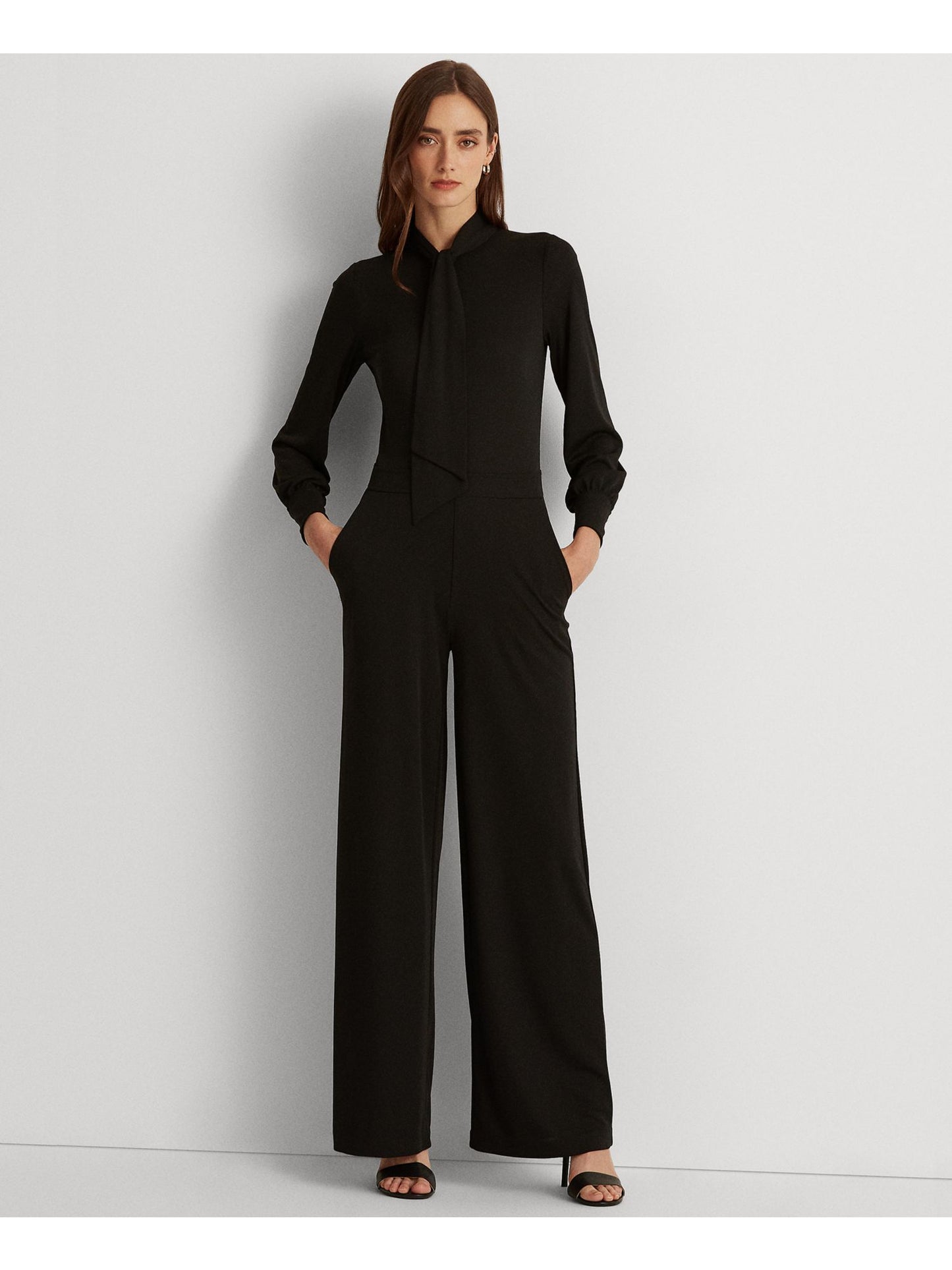 Ralph Lauren Women's Zippered Pocketed Long Sleeve Tie Neck Party Wide Leg Jumpsuit Black Size 2
