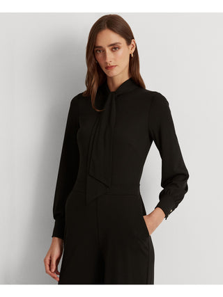 Ralph Lauren Women's Zippered Pocketed Long Sleeve Tie Neck Party Wide Leg Jumpsuit Black Size 2