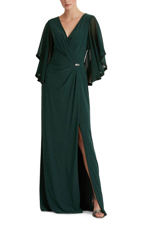 Ralph Lauren Women's Sleeves Brooch Slitted Surplice Neckline Full Length Evening Gown Dress Green Size 6