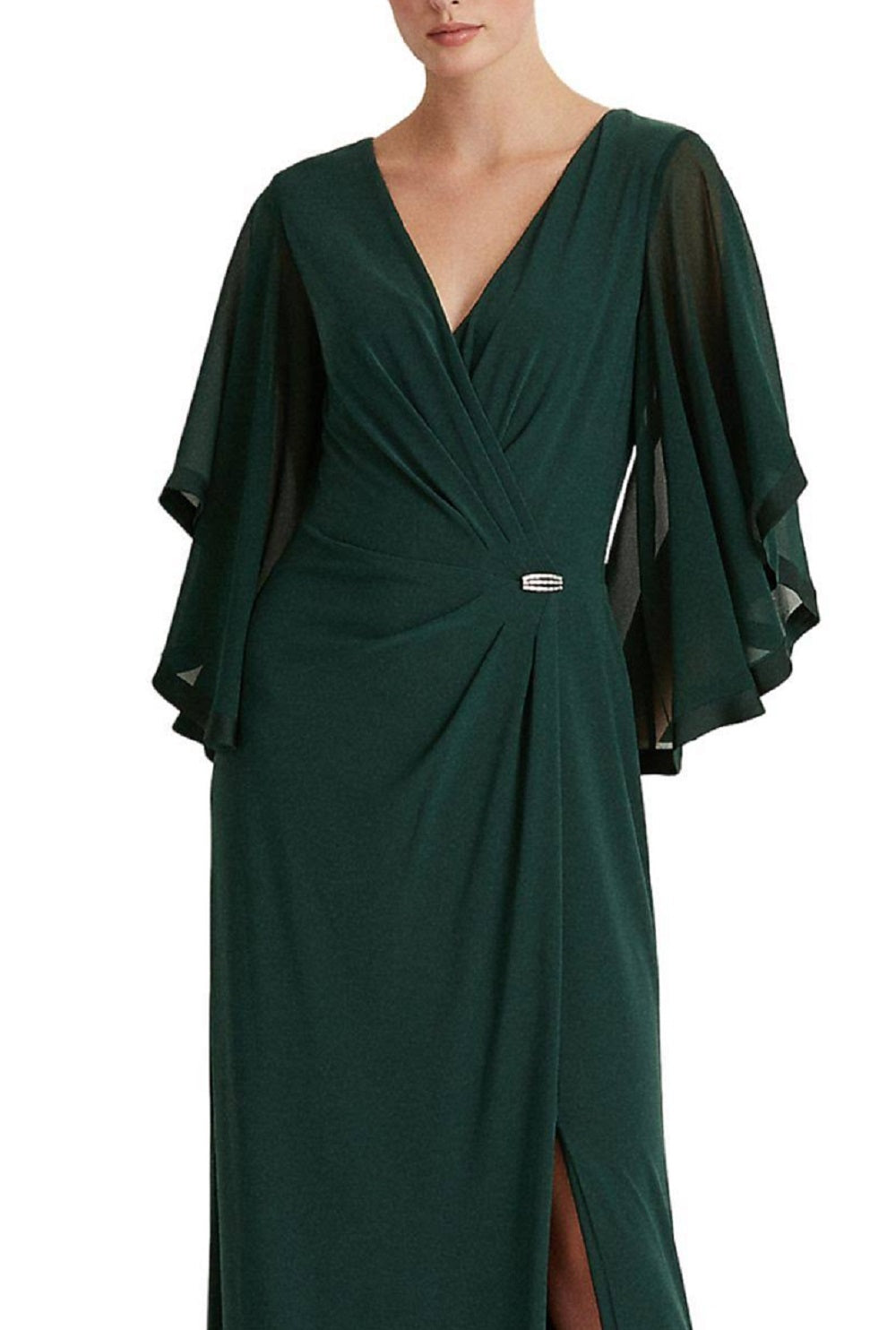 Ralph Lauren Women's Sleeves Brooch Slitted Surplice Neckline Full Length Evening Gown Dress Green Size 6