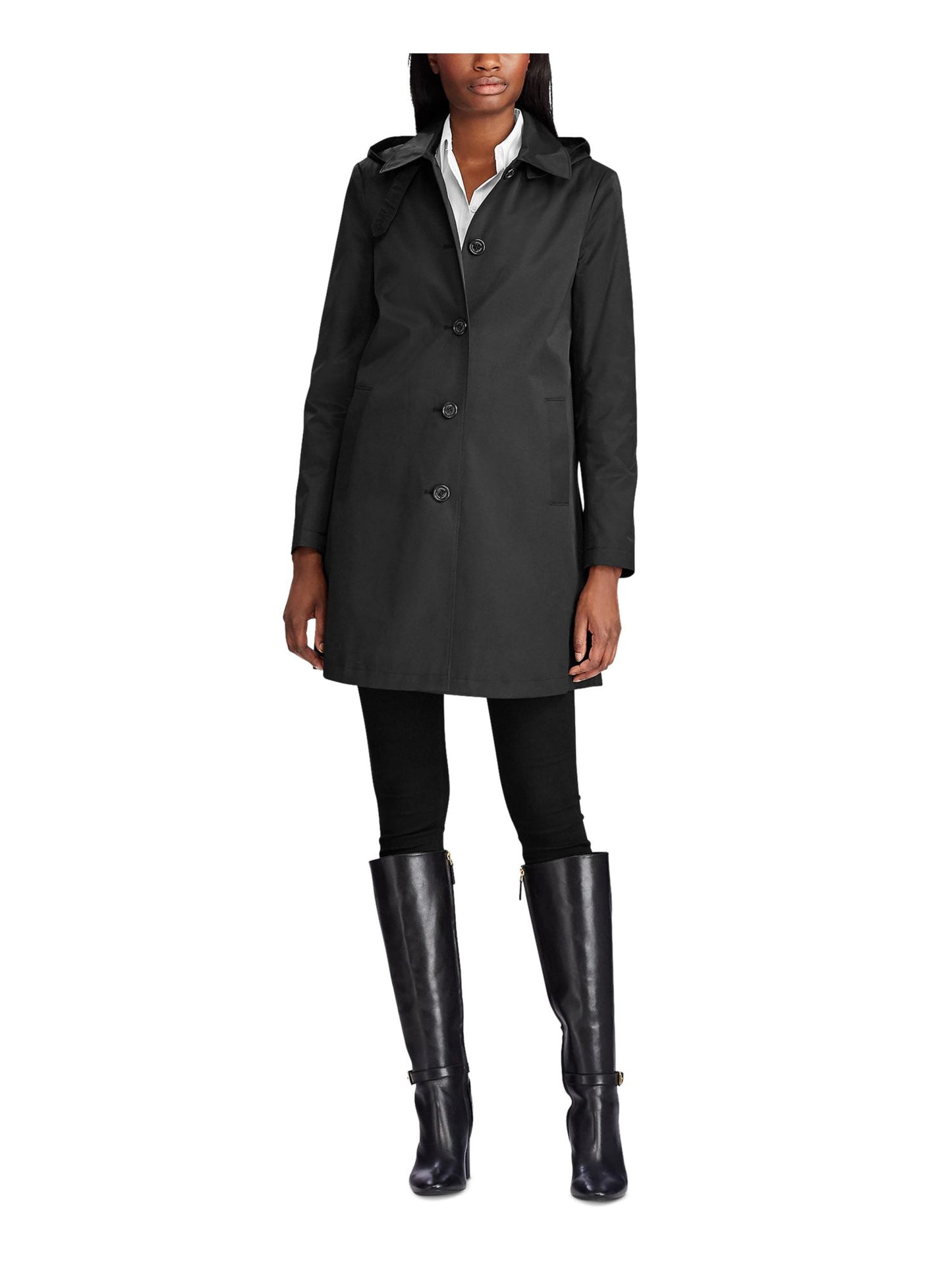 Ralph Lauren Women's Balmacaan Hooded Raincoat Black Size Petite X-Small
