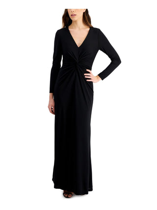 Ralph Lauren Women's Twist Front Zippered Lined Long Sleeve V Neck Full Length Evening Gown Dress Black Size 14