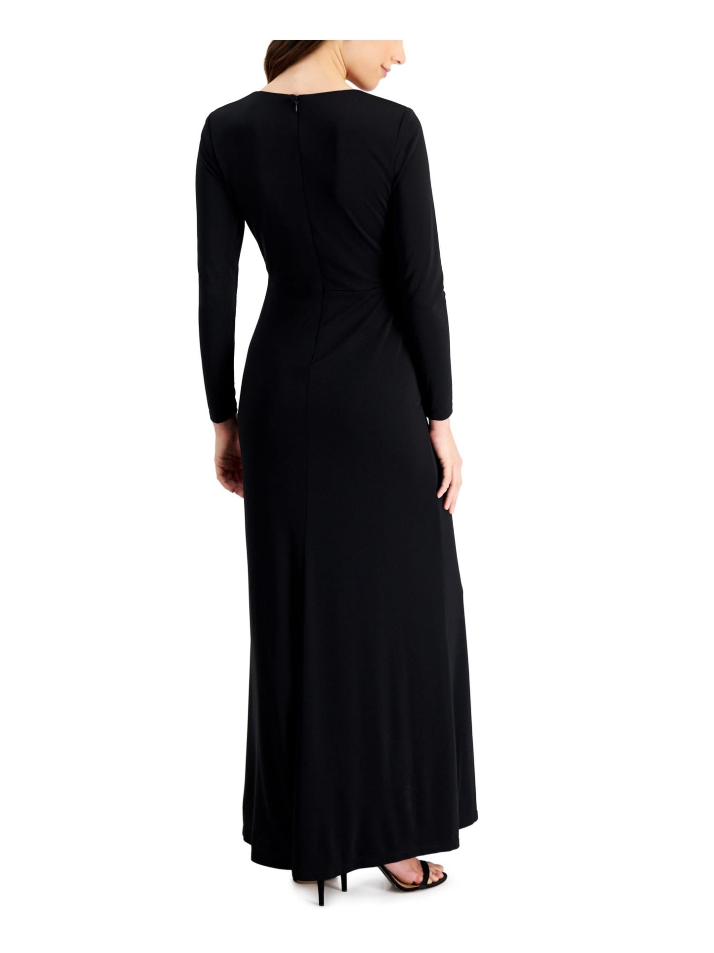 Ralph Lauren Women's Twist Front Zippered Lined Long Sleeve V Neck Full Length Evening Gown Dress Black Size 14
